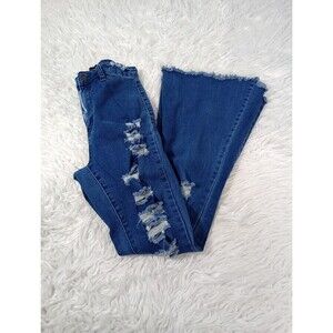 Almost Famous Jeans Womens 7 Blue Flare High Rise Distressed Stretch Denim